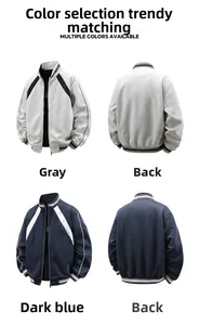 Front and back views of gray and navy men's knit jackets with striped rib trim