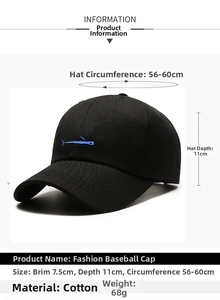 Detailed size chart of a black cotton baseball cap with blue fish embroidery logo