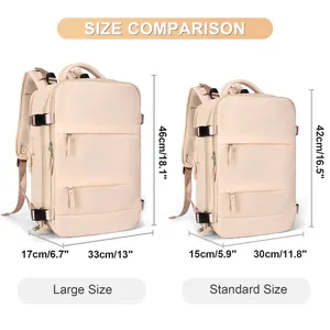 Size comparison chart showing dimensions for large and standard travel backpacks for women