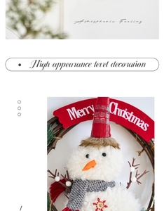 Close-up of snowman wicker wreath with Merry Christmas banner for festive wall decor