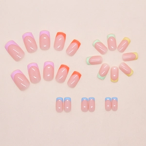 Colorful French tip press on nails in vibrant macaron shades and square-round shape