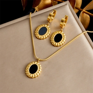 Collier Et Boucles D'oreilles En Acier Inoxydable Plaqué Or Rétro Pendentif Ovale Géométrique Pour Femme Élégant