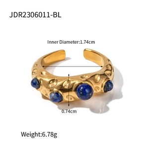 Detailed size and weight specs of gold ring with blue natural stone inlay