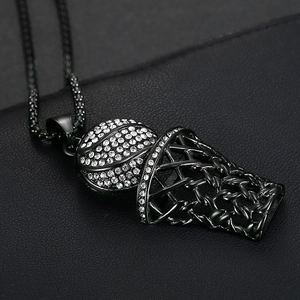 Hip hop black titanium gold basketball hoop pendant necklace with crystal rhinestones