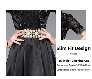 Detail of beaded lace dress featuring a gold floral belt with pearls and sequined mesh sleeves