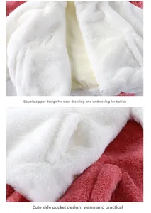 Detail view of smooth zipper closure and side pockets on thick faux fur children's jacket