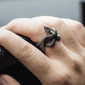 Vintage punk python snake ring with realistic scales and oxidized silver finish