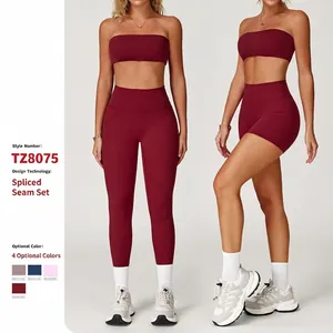Women's Brushed Yoga Top And Bottom Bandeau Bra And High Waist Hip Lifting Fitness Leggings Shorts Sportswear Workout Outfit