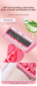 Détail du rasoir rose pour femmes avec lames multicouches et bande lubrifiante à l'aloès