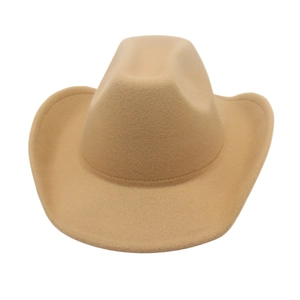 Detail of khaki felt cowboy hat crown showing classic fedora style and wool texture