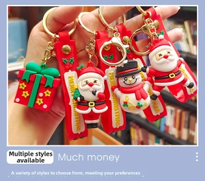 Detail of PVC Christmas keychains featuring Santa and Snowman with Merry Christmas ribbon