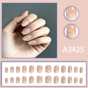 Short french tip press-on nails with sweet pink gradient finish and glossy surface