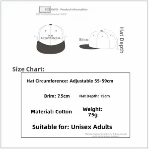 Size chart showing adjustable cotton camo baseball cap dimensions and specifications