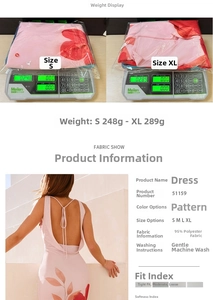 Detaillierte Größentabelle und Gewichtsangaben für das rückenfreie Maxikleid mit Blumen