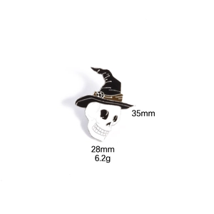 Ghost skull enamel pin with witch hat showing dimensions 35mm height and 28mm width