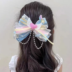 Lace layered bow hairclip for girls with pink heart, angel wings and pearl chains