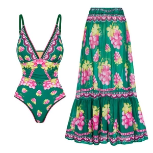 Women's deep V neck one-piece swimsuit and matching long skirt in floral retro print