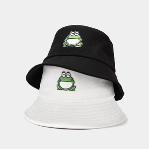 Cartoon frog embroidered bucket hats in black and white styles for sun protection