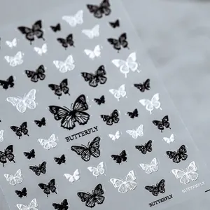 Black and white butterfly nail art stickers with 5D thin texture and various wing poses