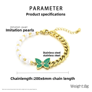 Detail of a vintage green butterfly pendant and pearl chain bracelet, 200mm in length