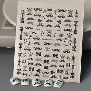 5D Gentleman nail art stickers with embossed mustache, bow tie and crown designs