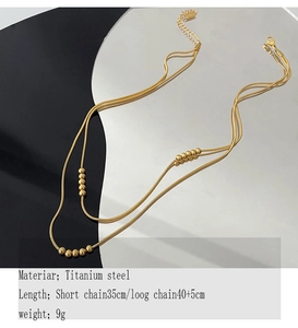 Double-layered 18K gold plated titanium steel necklace with elegant beads and snake chain