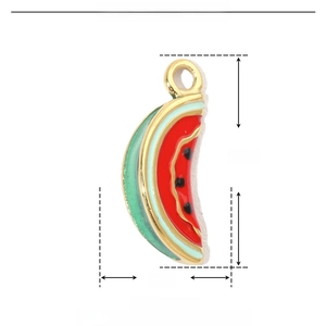 Detail showing 18x6mm watermelon charm made of stainless steel and red enamel