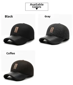 Close-up of winter baseball caps in black, grey, and coffee colors with ear flaps