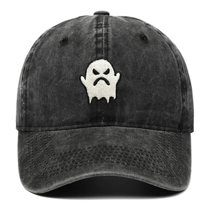 Charcoal grey washed denim baseball cap with white ghost embroidery for men and women