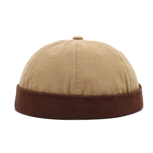 Retro khaki and brown cotton docker cap with contrast cuff and six-panel stitching