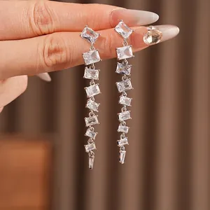 Sparkling square zircon tassel earrings in silver metal with long dangling luxury style