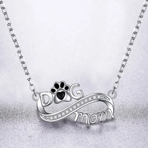 S925 sterling silver infinity Dog Mom necklace with paw print and sparkling crystals