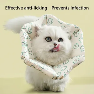 Adjustable floral soft cotton pet cone collar with green smiley patterns for cats