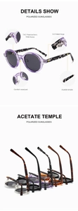 Detail view of polarized TAC lenses and acetate temples on round TR90 sunglasses