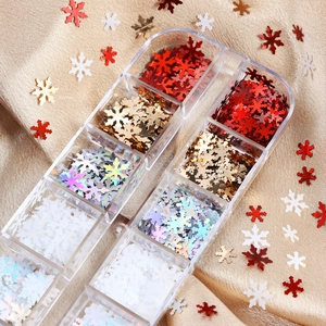 Christmas snowflake nail sequins in 12-grid storage box with colorful holographic glitters