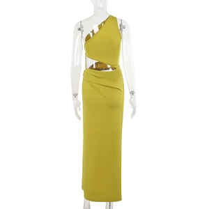 Detail of mustard green one-shoulder dress with sexy waist cutout and slim fit long hem