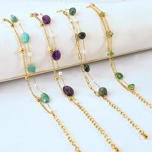 Bohemian Double Layer Titanium Steel Bracelet Women Vintage Natural Stone Artificial Pearl Adjustable Summer Hand Chain Jewelry