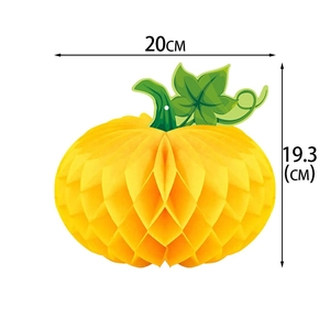 Detailed size chart showing a yellow honeycomb paper pumpkin decoration 20cm by 19.3cm