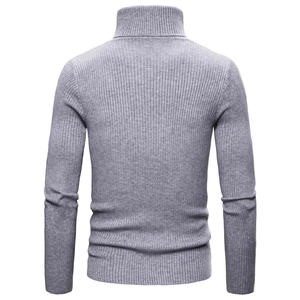 Macro view of men's slim fit grey turtleneck sweater featuring vertical ribbed knit texture