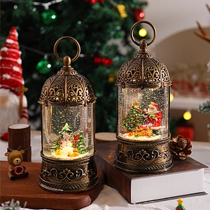Macro view of vintage bronze birdcage snow globe with snowman and glitter interior