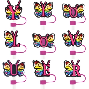 Rainbow Butterfly Alphabet Straw Cover Silicone Dustproof Cap Personalized Initial Straw Topper Accessory