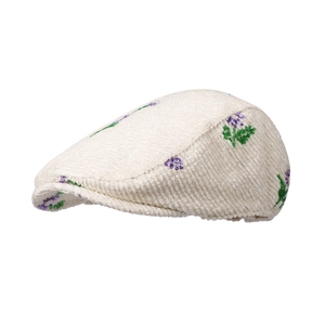 Off-white corduroy flat cap featuring delicate purple lavender bead embroidery decoration