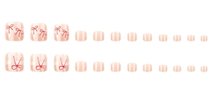 Macro detail of pink plaid toe nail patches featuring red bow designs on a white background