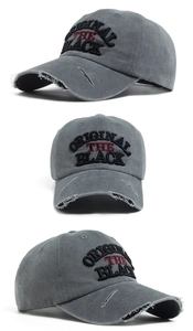 Detailed views of washed grey baseball cap with 3D embroidery and distressed brim details
