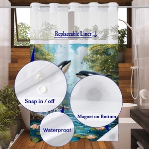 Detail view of the waterproof shower curtain with snap-in liner and magnetic bottom weights