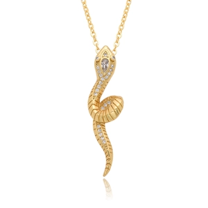 Macro shot of 14K gold plated curved snake pendant necklace with micro-set zircons