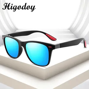 Classic sports sunglasses with matte black frames and polarized blue lenses for outdoor activities