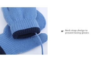 Detail of blue knitted toddler gloves with neck strap to prevent loss and ribbed cuffs