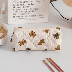 Quilted beige striped pouch featuring cute bear prints and a zipper closure for storage