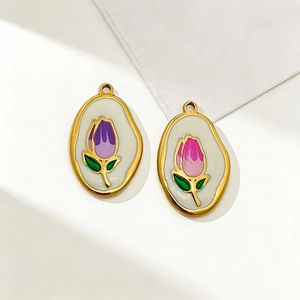 Gold-plated stainless steel oval tulip enamel pendants for DIY jewelry making